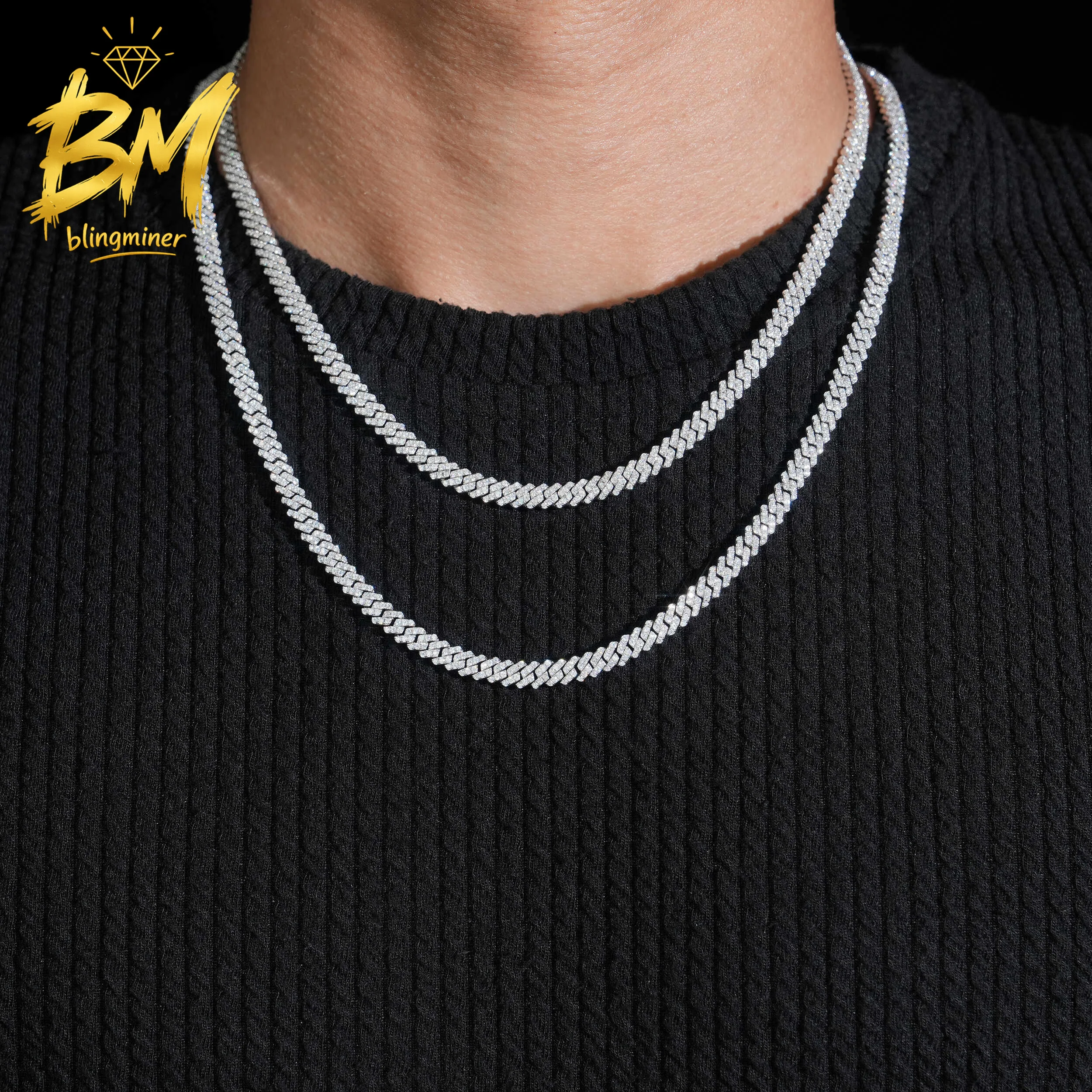 Blingminer 5mm VVS Moissanite  Iced Out  Cuban Link Chain For Men S925 Silver Pass Diamonds Tester With Free Shipping