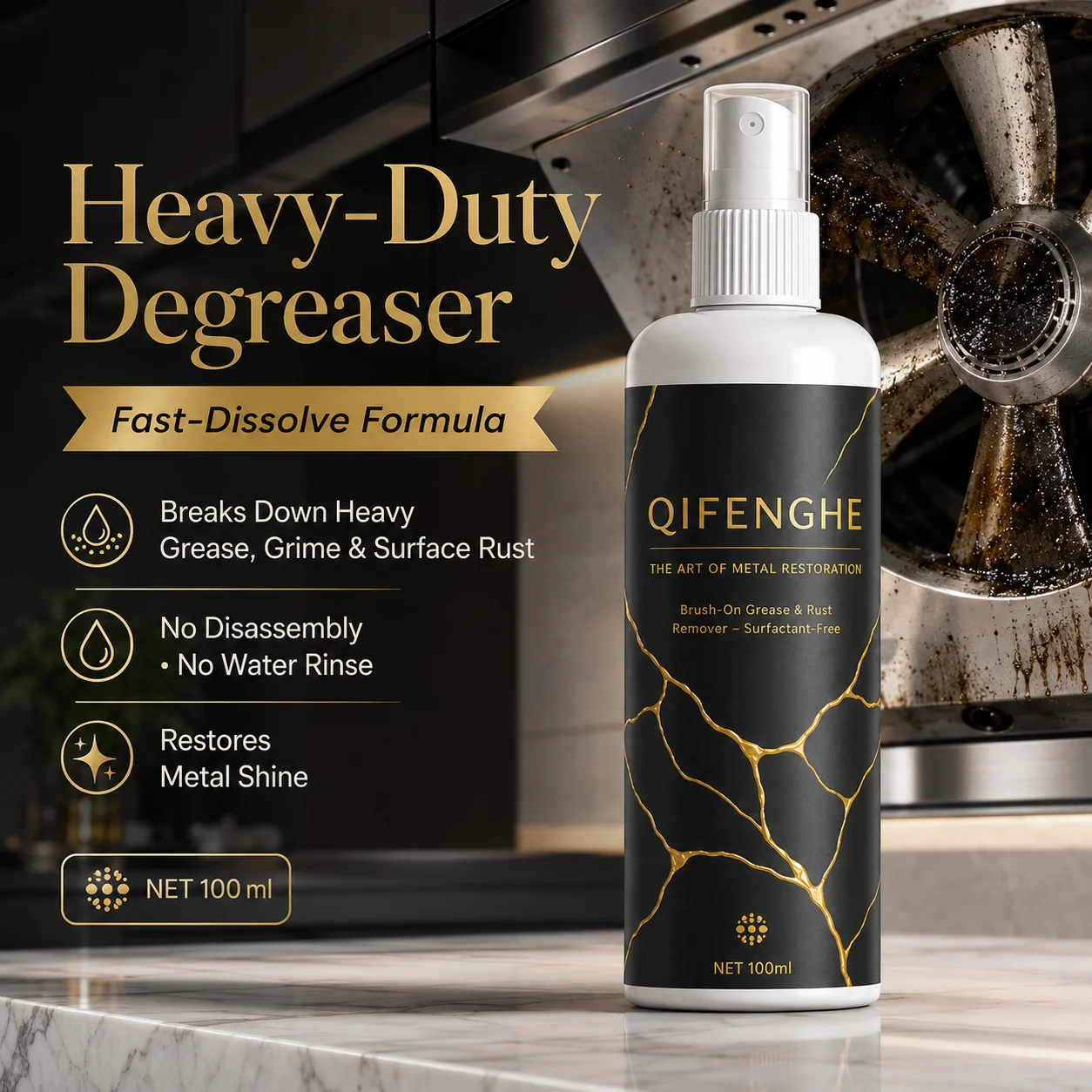 100ml Heavy Duty Oven Degreaser Rust Remover, Kitchen Metal Cleaner Polish for Burnt Grease Oil Stains, No Rinse Formula