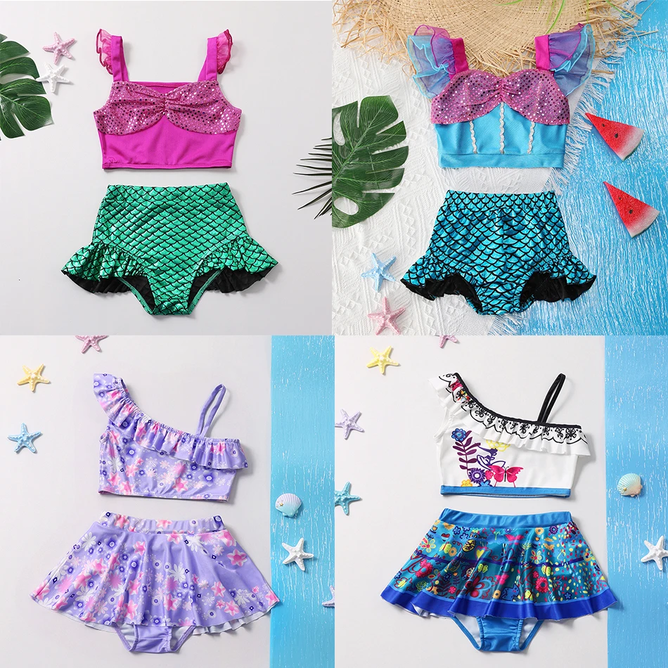 Baby Swimwear Girl Summer Swimming Beachwear Children Pool Two-piece Kids Mermaid Clothes Fly Sleeve Princess Swimsuit 3-10 Year