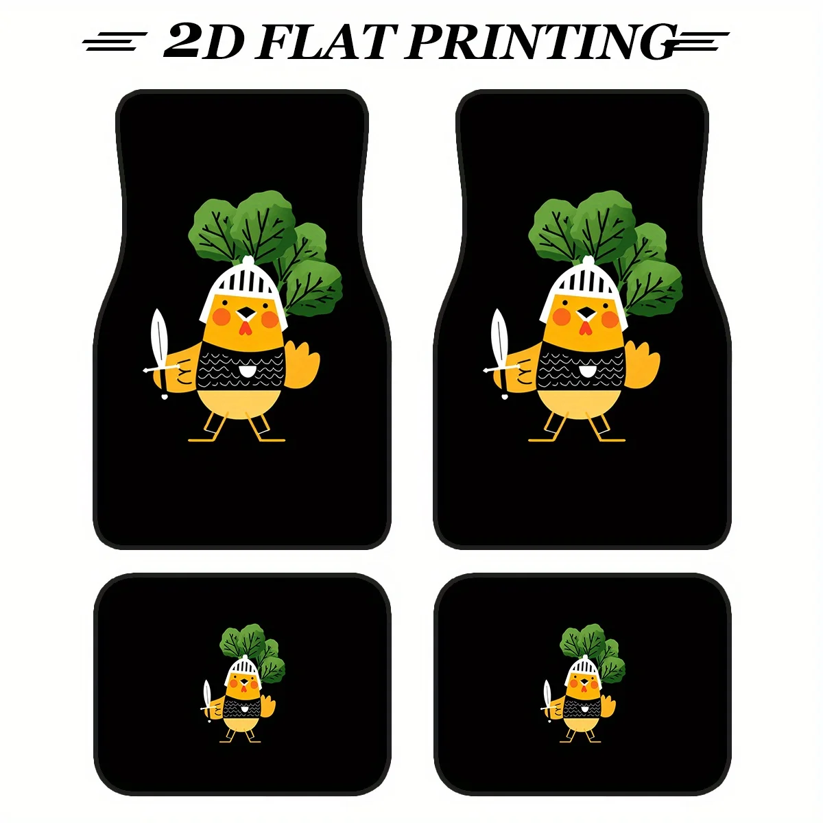 4pcs Non-Slip Car Floor Mats With Cute Knight Chicken & Broccoli Design - Heavy-Duty All-Weather Protection, Black With Yellow K