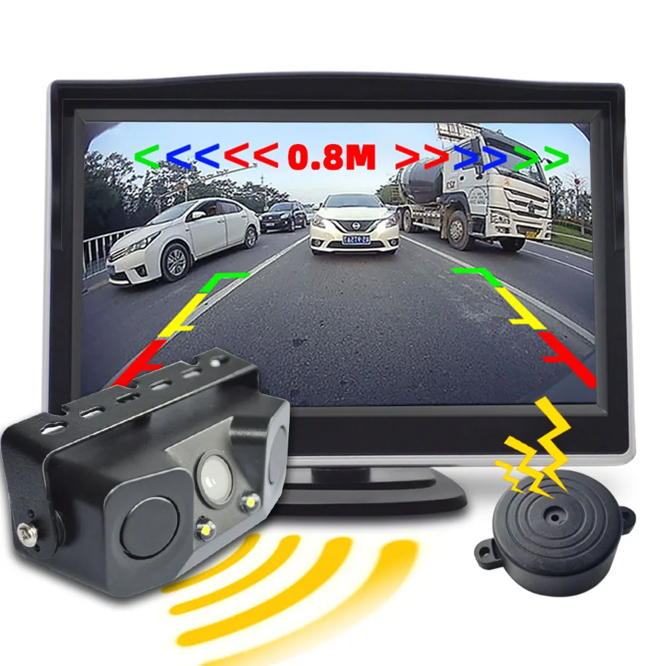 

Backup Reversing Camera 3 In 1Parktronic Car Video Parking Sensor Kit Radar Visible Display 4.3in/5in Monitor System Alarm