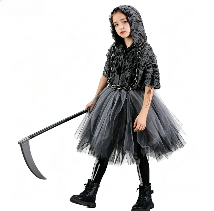 Halloween Black Scary Grim Gothic Eerie Style Layered Puff Skirt With Accessories 5Pcs For Halloween Spooky Party Dress Up Wear