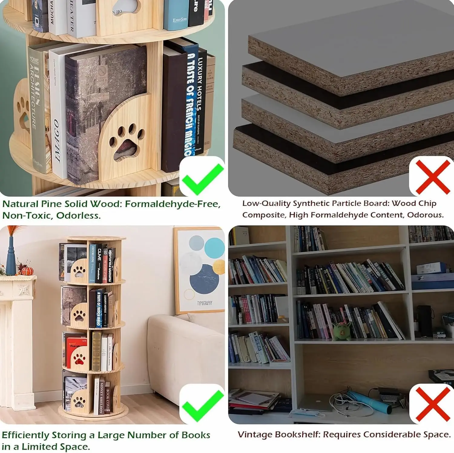 4 Tier Rotating Bookshelf Kids, 360 Display Floor Standing Bookcase Storage Rack for Kids&Adults Solid Wood