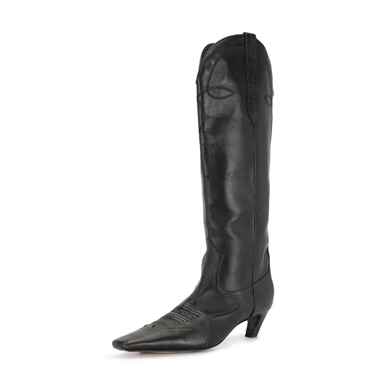 Arden Furtado 2024 National style embroidery Square toe Stilettos Knee High Boots Slip-on Middle heel Cowhide Western boots