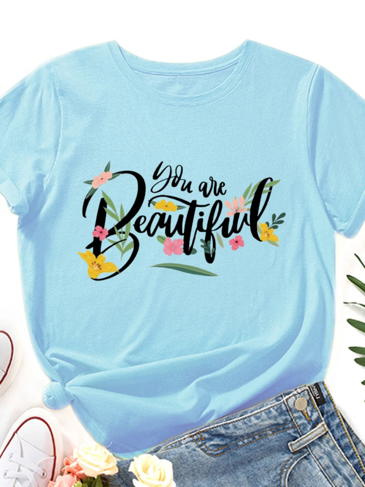 

Women's Loose Fit Cotton T-irt ort Sve round Ne Printed Street Sle Floral Text Pattern Spring Summer Casual Top
