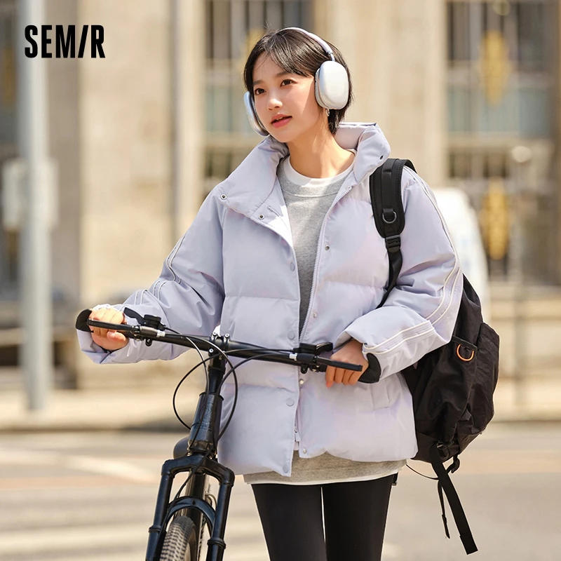 Semir Down Jacket Women Stand-Up Collar Contrast Color Raglan Sleeve Loose 2024 Winter New Three-Proof Windproof Down Jacket