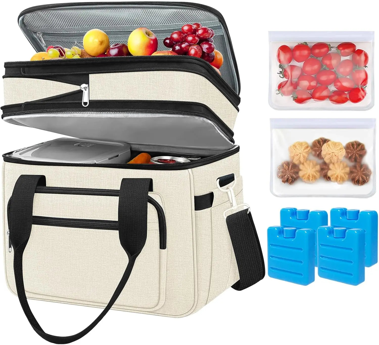 23L Extra Large Expandable Insulated Cooler Lunch Box for Men Double Deck Leakproof Heavy Duty Lunch Bag with 4 Ice Packs&2 Snac