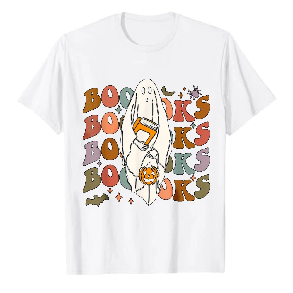 Retro Groovy Booooks Reading Ghost Pumpkin Bat Spider Graphic T‑Shirt Colorful Halloween Book Lover Print Tees Casual Cotton Top
