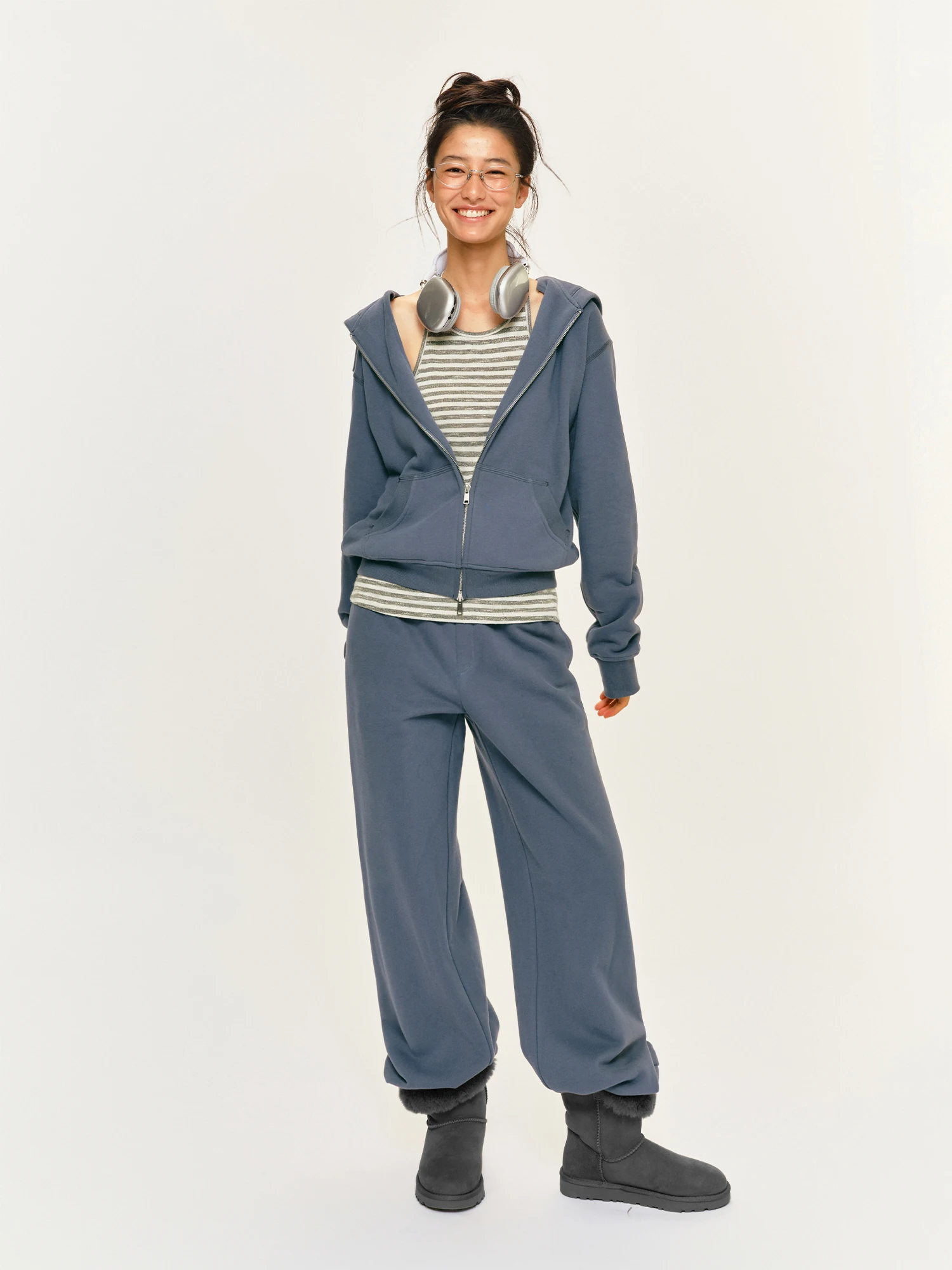HaveRice Restaurant 90s Winter Fog Blue Hoodie Sweatshirt And Pants Set Towel Bottom Retro High Waist Long Sleeve Zipper Casu...