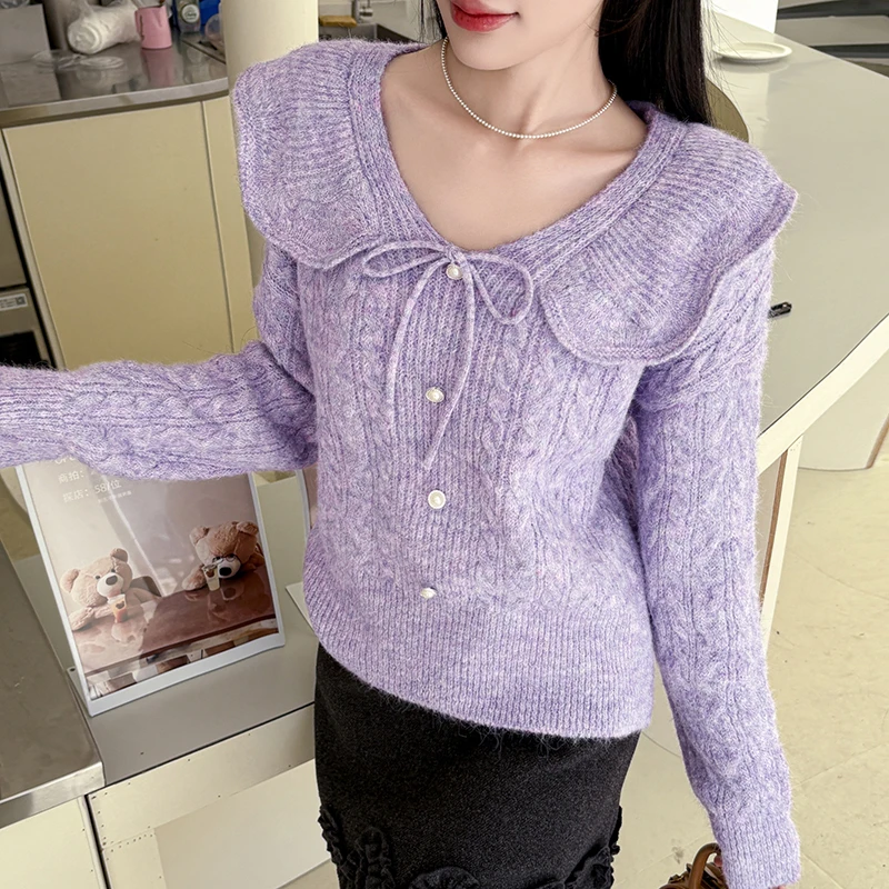 Moda coreana gola de boneca camisola mulher inverno babados arco malhas pullovers outwear malha topos bege roxo jumper feminino