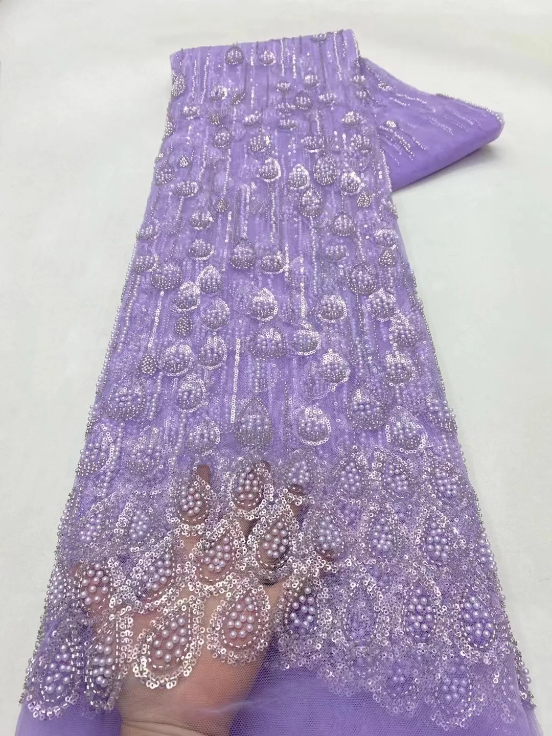 

African Beaded Lace Fabric 2024 High Quality Mesh Lace Embroidered French Sequins Fabric For Sewing Women Party Dresses 5 Yards
