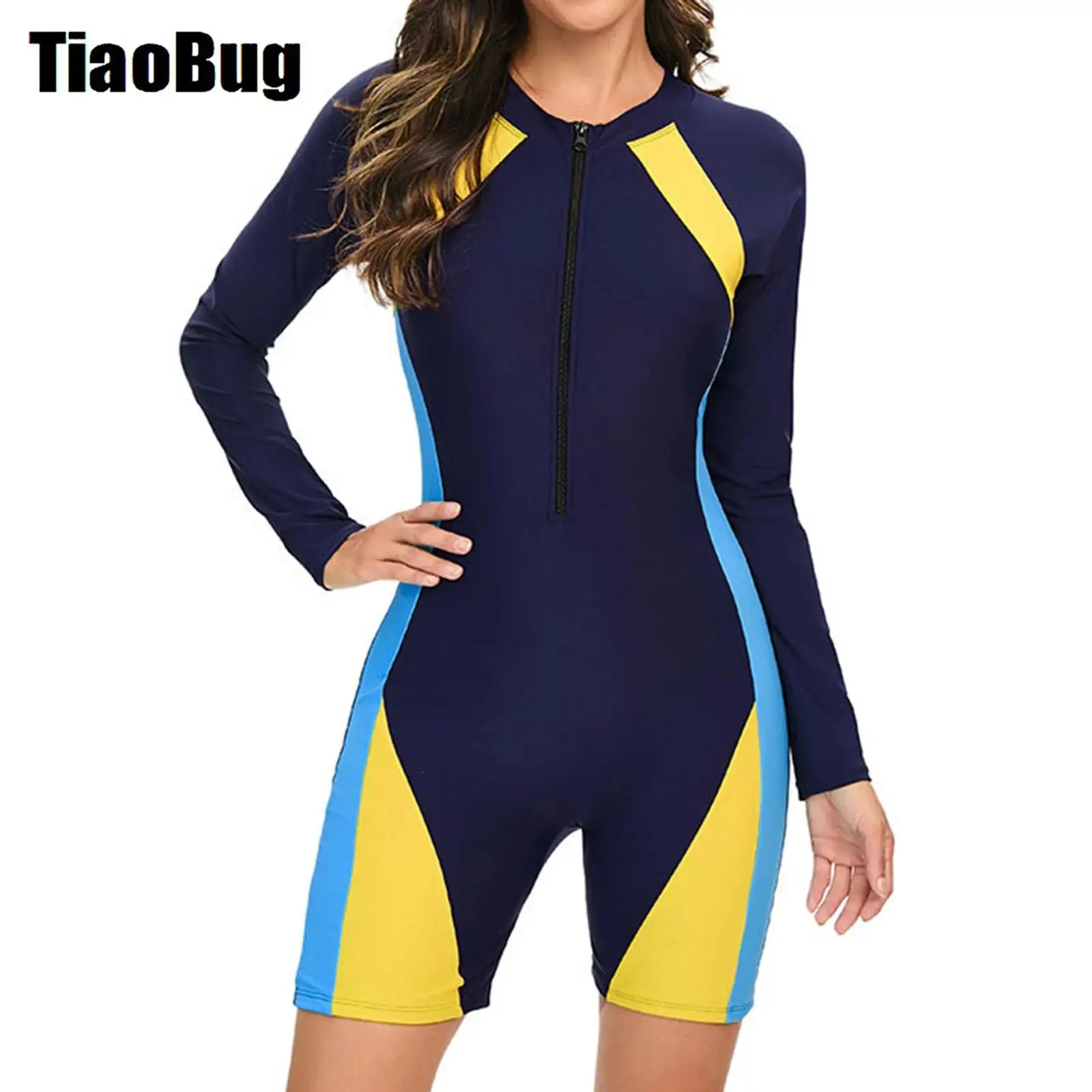 Women One-piece Boyleg Athletic Swimsuit Long Sleeve Padded Color Block Patchwork Swimwear Front Zipper Rashguard Surfing