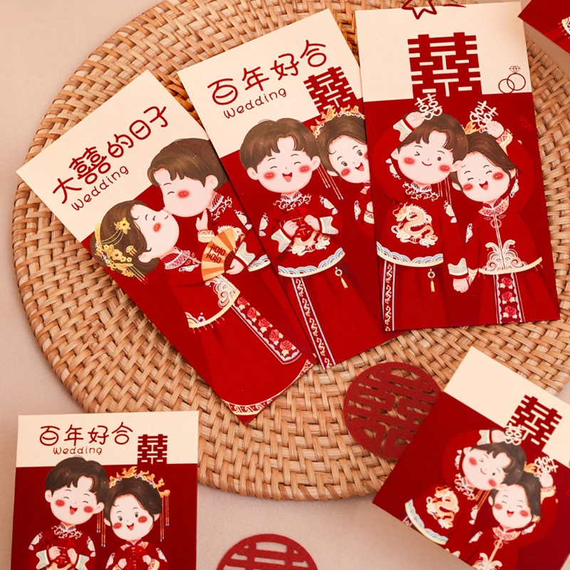 Lot de 6 enveloppes rouges traditionnelles chinoises pour mariage, pochettes porte-bonheur, Hongbao, cadeaux de mariage
