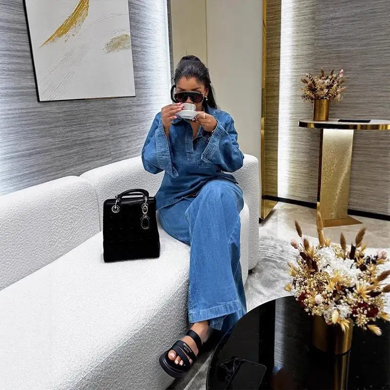 Casual Faionable damesdenimset Lange Sve-kraag en top met riem en rechte pijpen Broek Ensemble Cleanfit Lage taille PV...