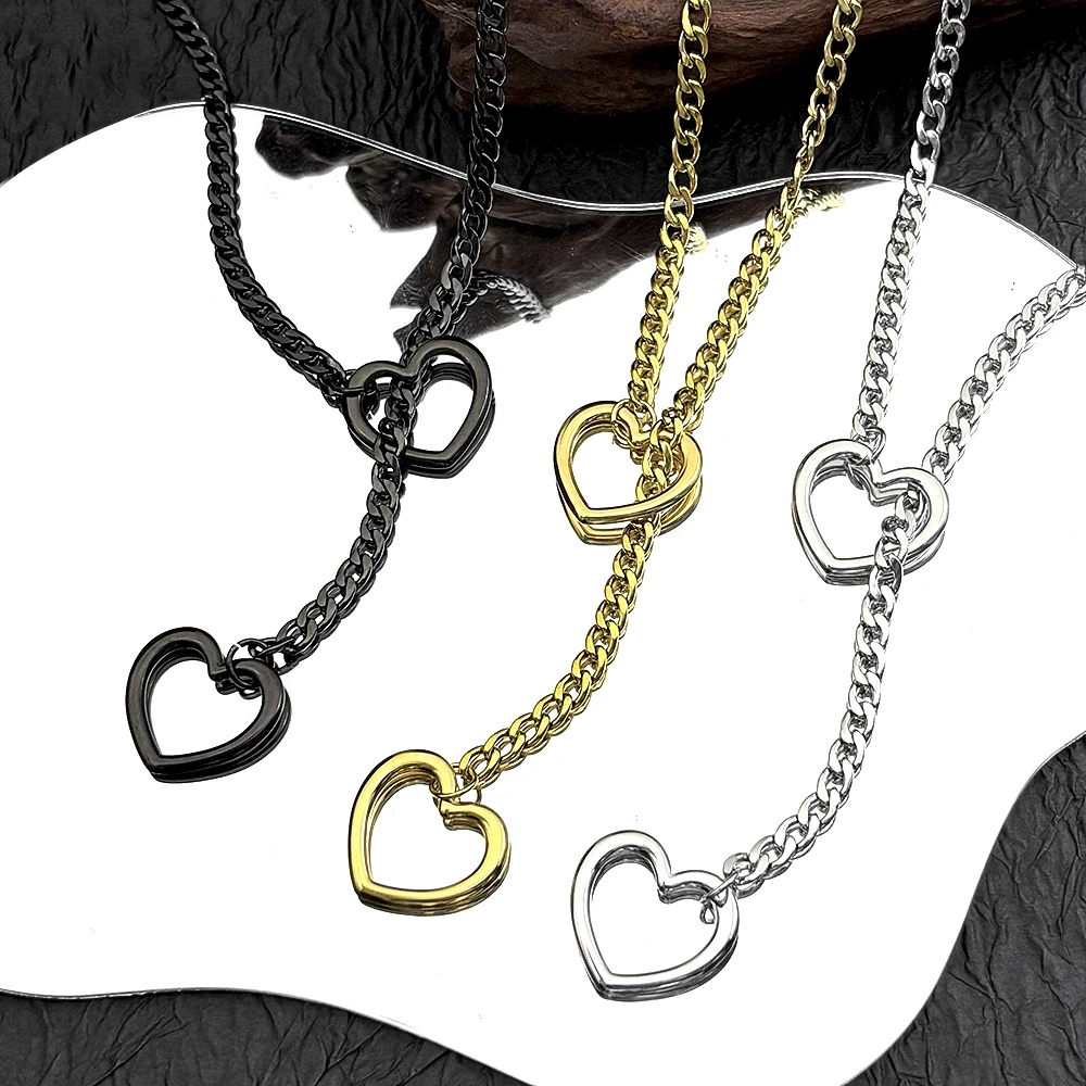 Heart O-ring Slip Chain For Women Men Punk Rock Necklace Stainless Steel Gold Color Adjustable Y-Necklace Long Chain Jewelry