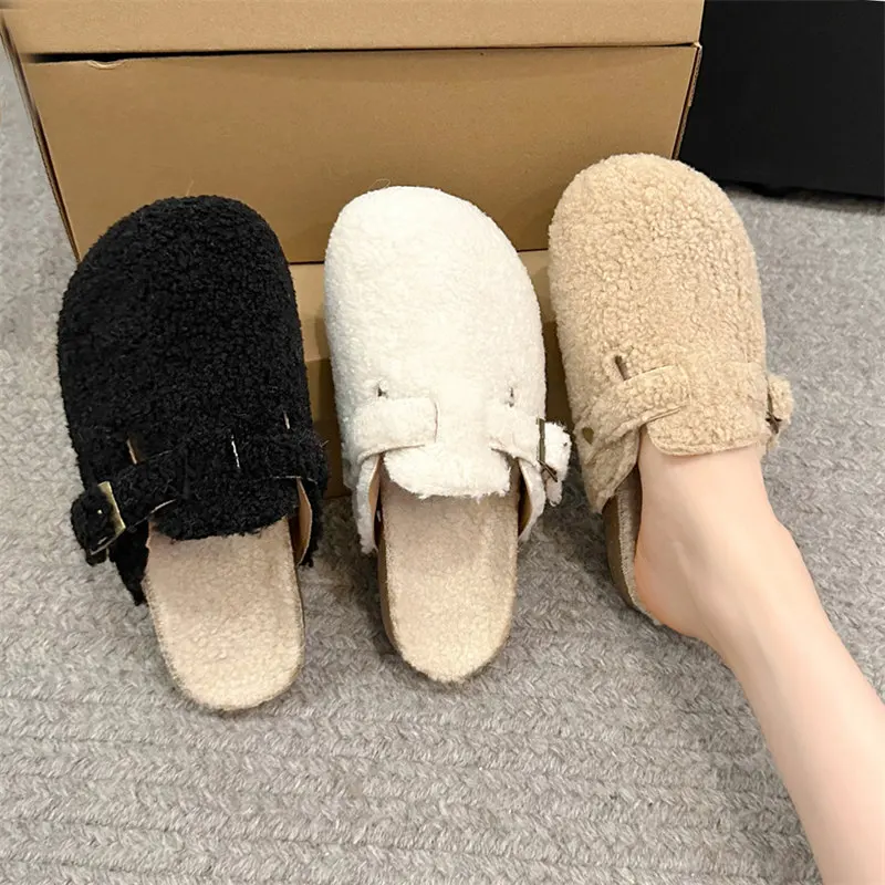 Fur Boston Slippers For Women Winter Fashion Cork Insole Warm Plush Slippers Women's Indoor Furry Suede anti slip cotton shoes