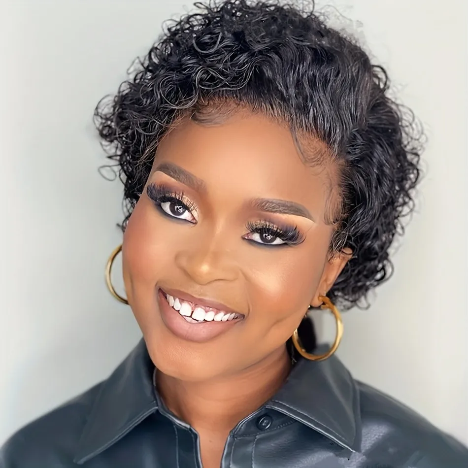 

black/1b27/burgundy 13X1 lace 6Inch 150% Density Basic Style for Daily Women'S short curly Pixie Cut human human hair Wig