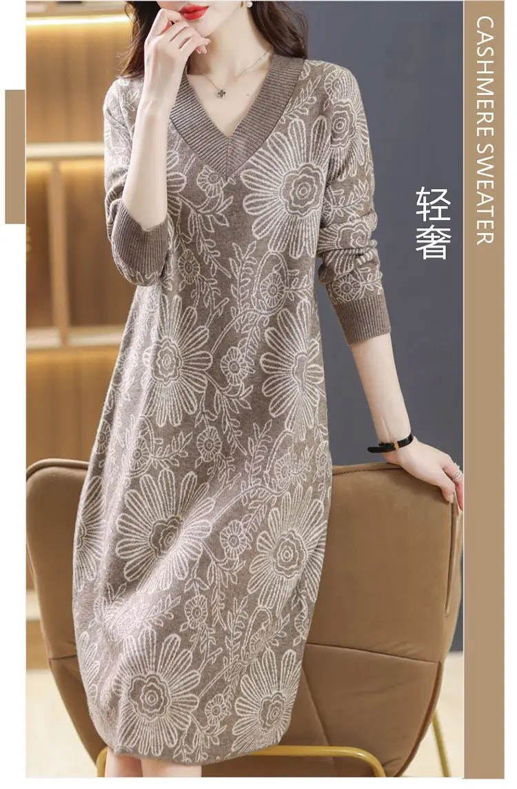 여성용 빈티지 프린트 브이넥 긴팔 니트 캐주얼 드레스 중간 길이 가을 겨울 드레스