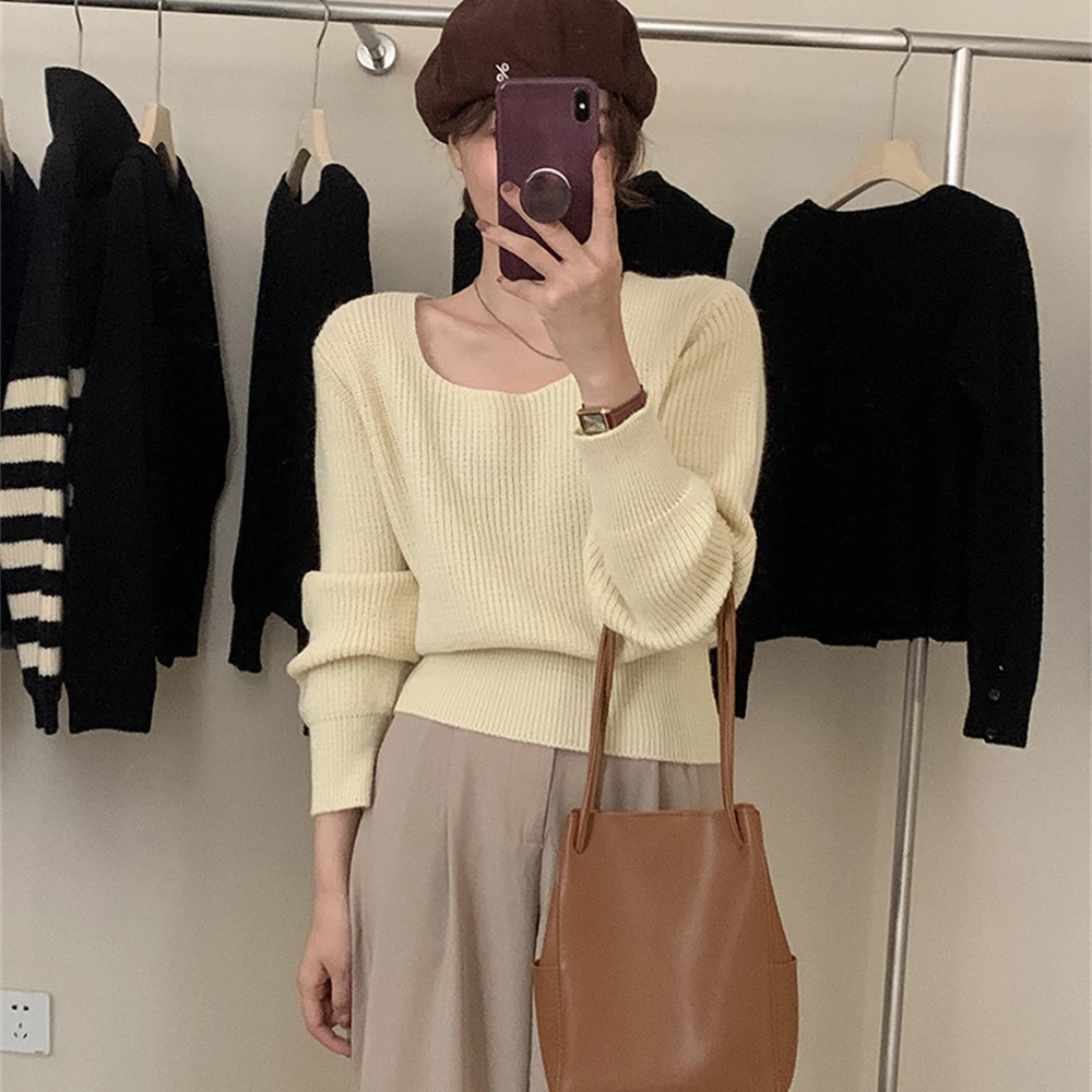 

Faionable Knitted Sweater Pure Color Striped Square Collar Overhead Sle Commute Wind Regular Thin Long Sve Sweater