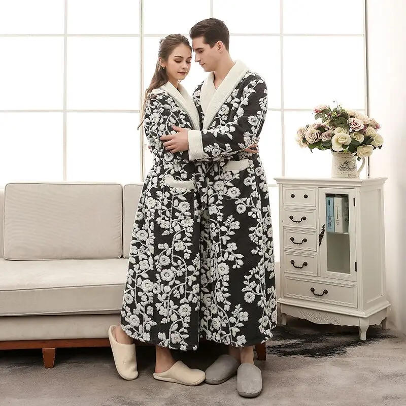 Men Luxury Jacquard Robes Winter Velevt Flannel Bathrobes Lovers Couple Wedding Warm Sleepwear Homewear Casual Elegant Robes