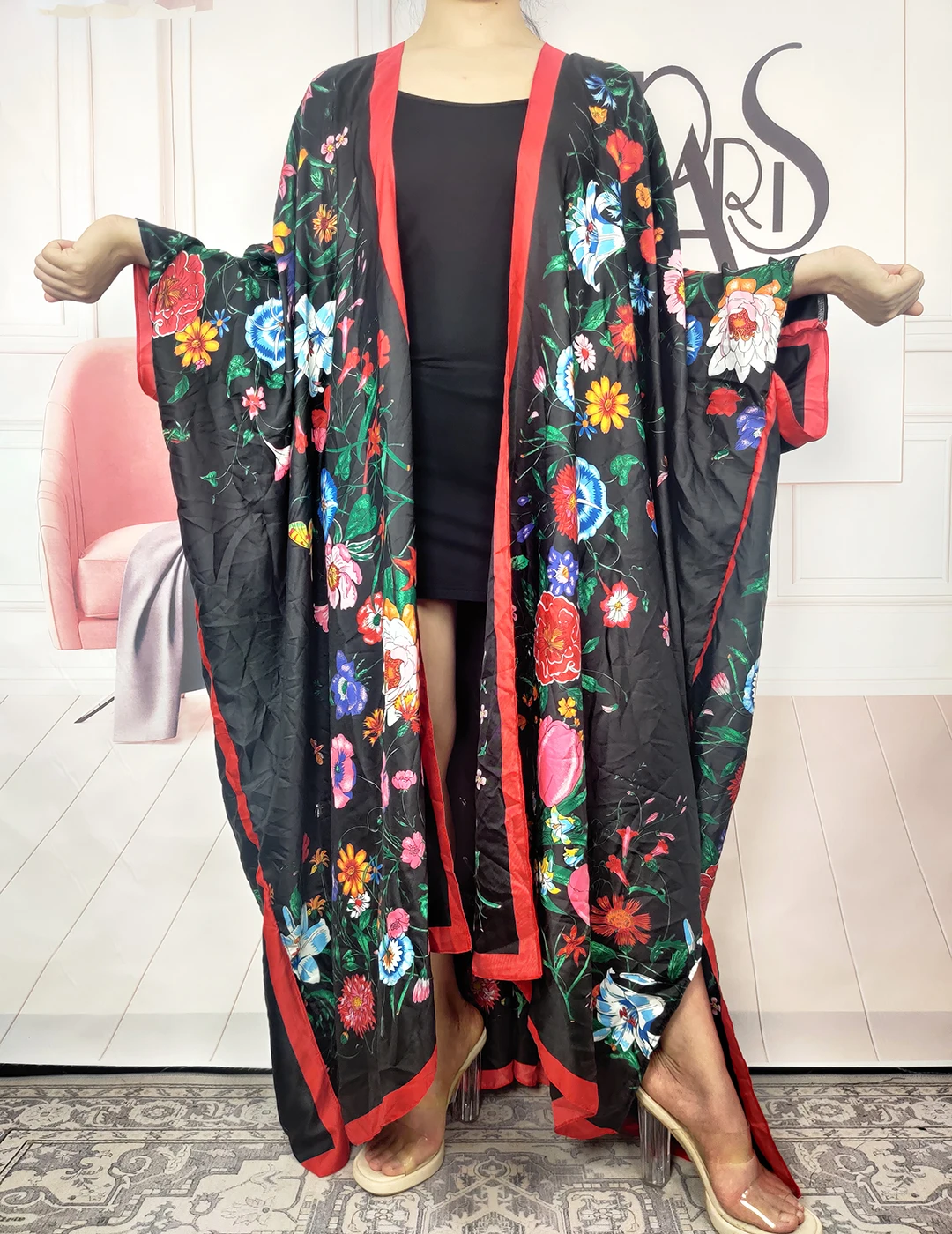 Europe 2023 Summer Elegant Foral Boho Open Front Sexy Lady Swimwear Cardigans Causal African Women Silk Printed Long Kimonos