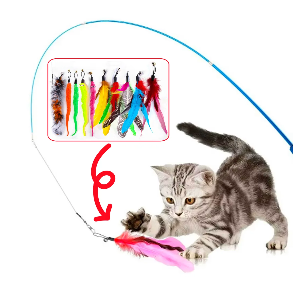 11Pcs/12Pcs Feather Replaceable Cats Interactive Toys Set Head Retractable Long Stick Cats Dogs Enjoy Exercise Toy Pets Supplies