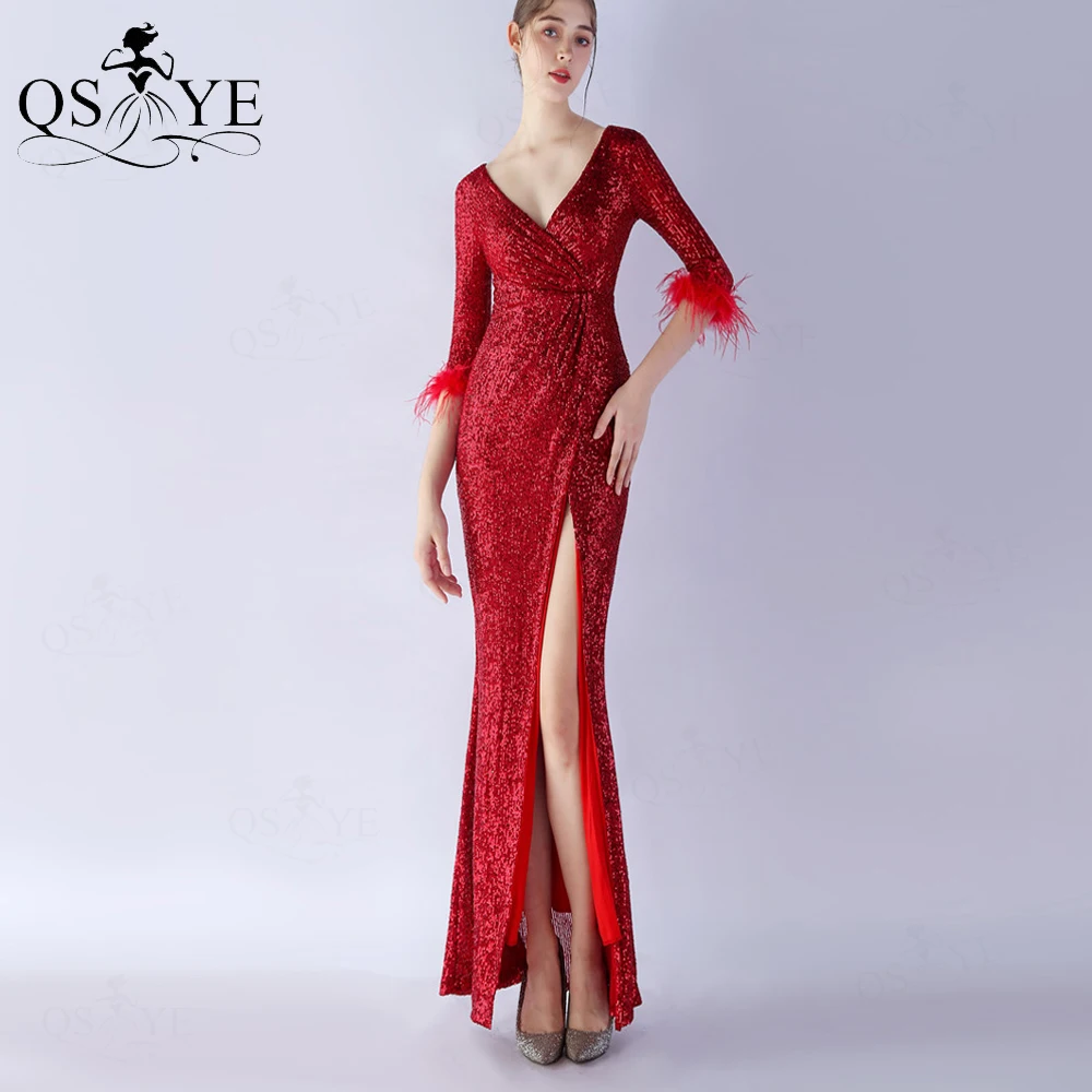 

Sequined Red Evening Dresses V Neck Mermaid Long Sleeves Prom Gown Ostrich Fur Cuffs Glitter Open Split Woman Party Dress 2023