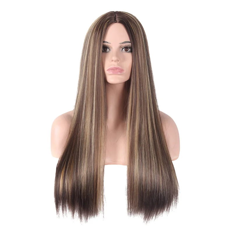 

European American style middle-parted long straight wig with brown highlights and gradient color for women