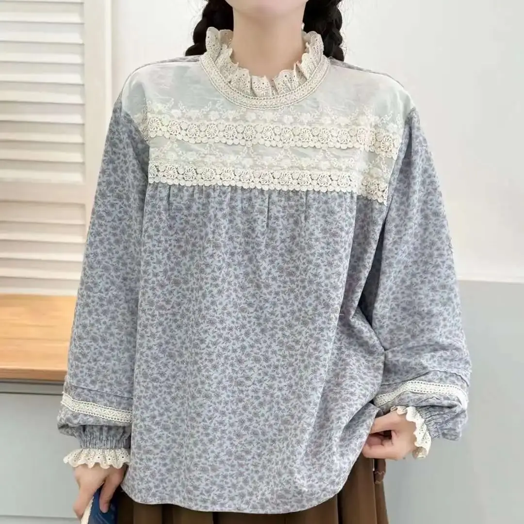 Winter clothes for women cotton yarn lace collar  patchwork print shirts and blouses mori girl Japan  printed oversized shirts