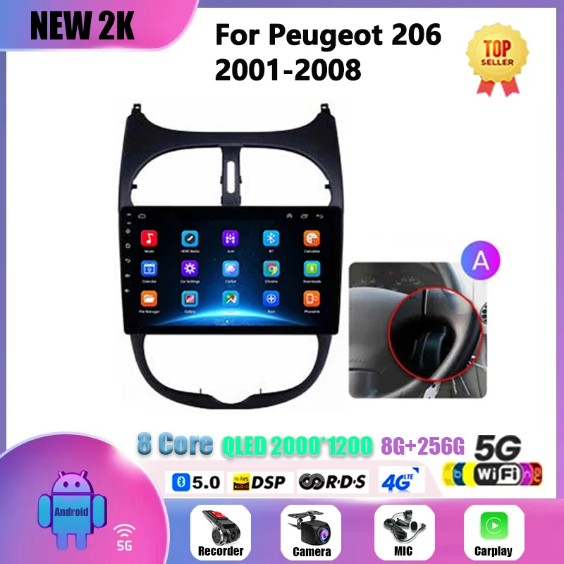 for Peugeot 206 2001-2008 Android Car Radio Multimedia Video Player Navigation GPS 2DIN Auto Bluetooth Player Carplay Head Unit