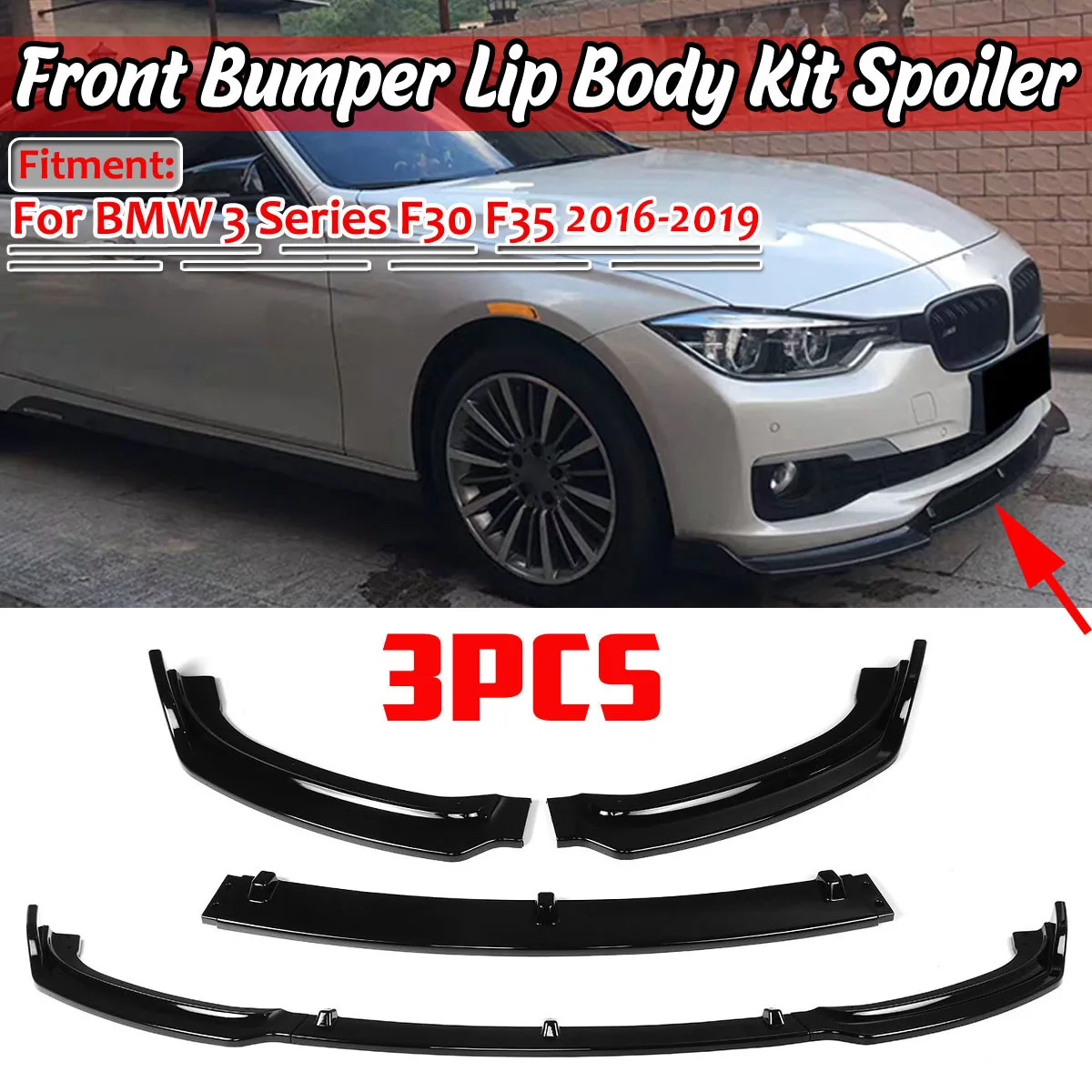 3PCS Black/Carbon Fiber Look Car Front Bumper Lip Splitter Body Kit Bumper Lip Deflector Lips For BMW 3 Series F30 F35 2016-2019