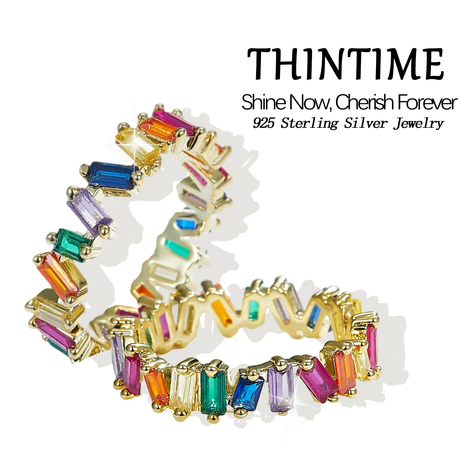 

925 Sterling Silver Rainbow CZ Ring for Women, Stackable Pride Jewelry, Colorful Baguette Ring Gift for Her