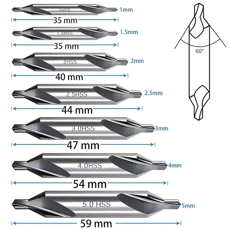 Metalworking Lathe CNC Milling Precision Tip 7PCS 60° HSS Center Drill Bits 1/1.5/2/3/4/5/6mm High Speed Steel Countersink
