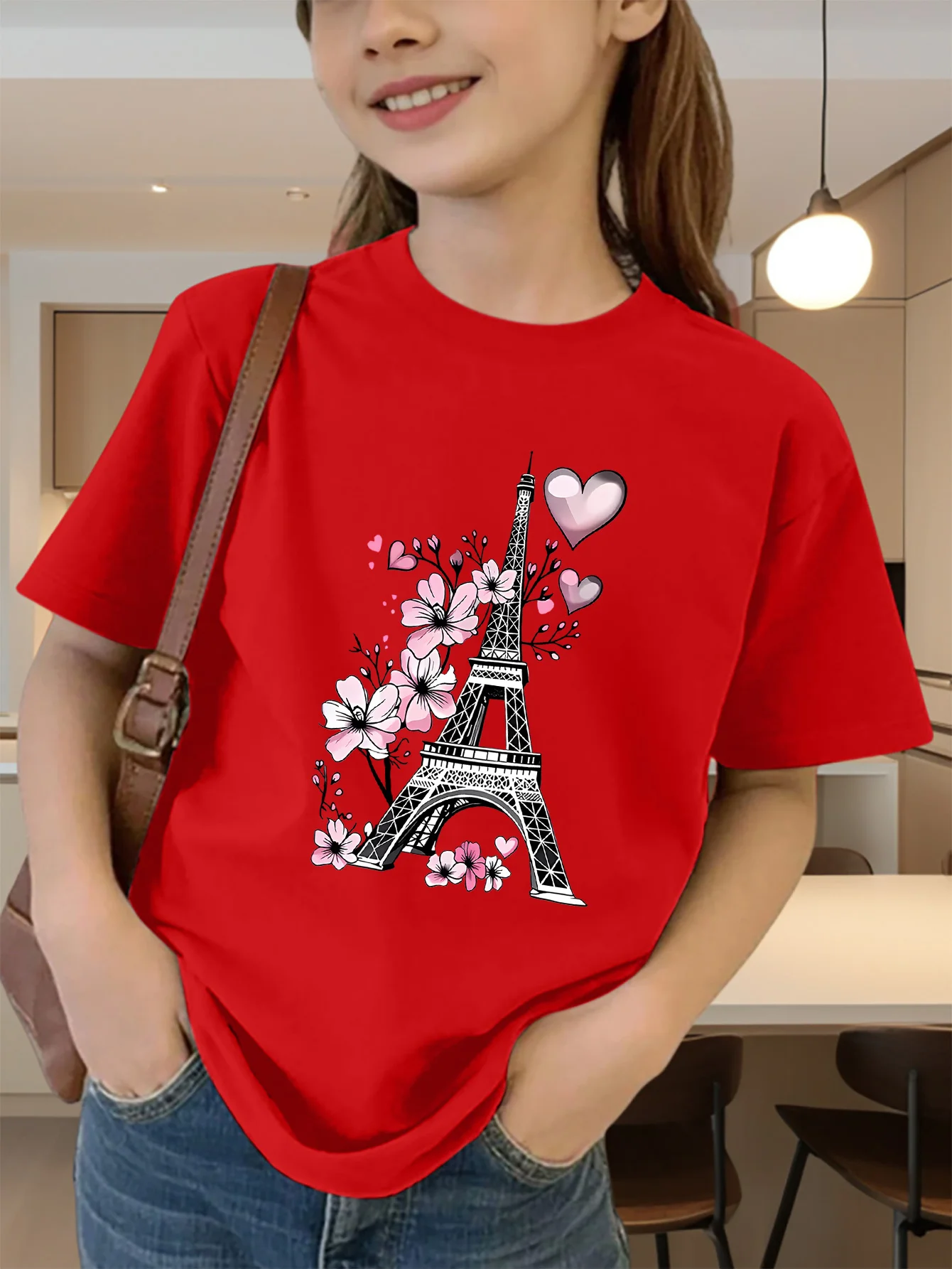 Cute Eiffel Tower Flower Hearts Print Graphic Kids Tee Boys Girls Family Matching Cotton Crew Neck Short Sleeve Soft Summer Tee