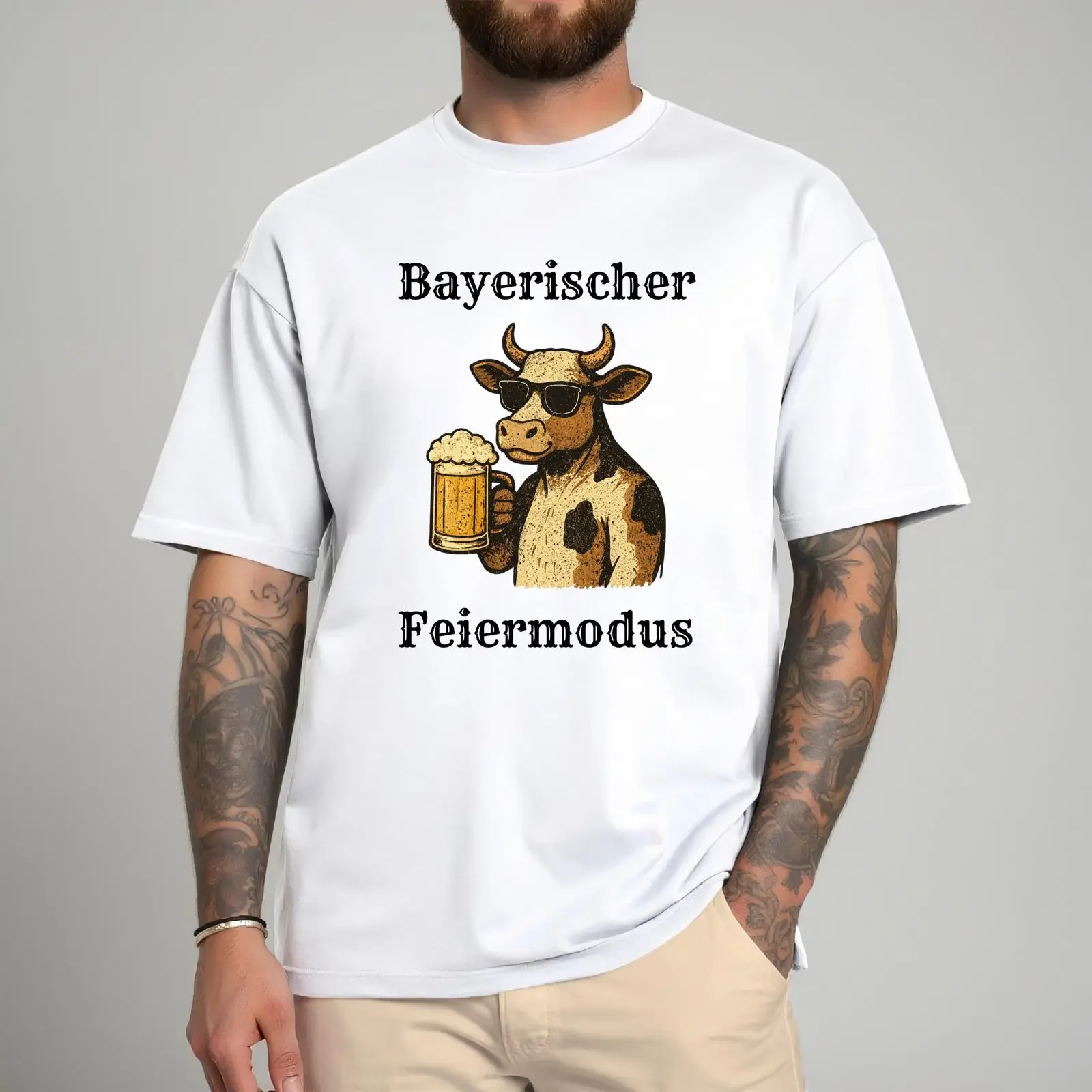 Funny Oktoberfest Men's T shirt Bayerischer Feiermodus Cow With Beer Mug Bavarian Party Casual For Lovers vintage Washed Unisex