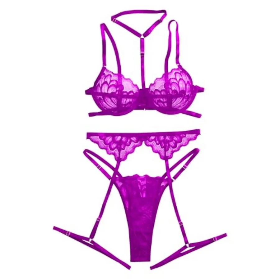 

Lingerie Sets For Women Sexy Choker Floral Lace Underwire Push Up Garter Belt Exotic Bra And Panty 3 Pcs
