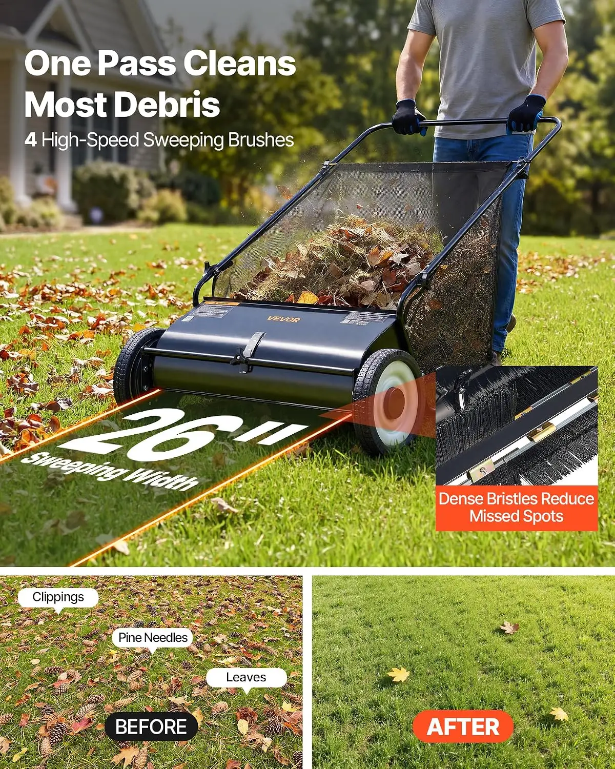 Push Lawn Sweeper 26 Inch Leaf & Grass Collector Strong Rubber Wheels | Heavy Duty Thickened Steel Durable to Use with Large Cap