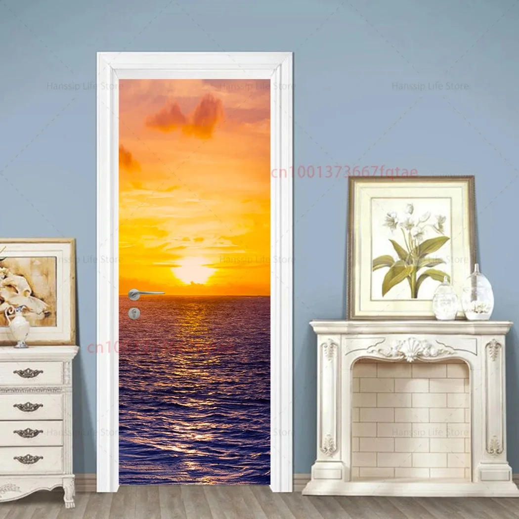 3D Tropical Beach Door Sticker Palm Tree Seaside Sunset Ocean Underwater Landscape Removable Self Adhesive Wallpaper Home Decor view 3