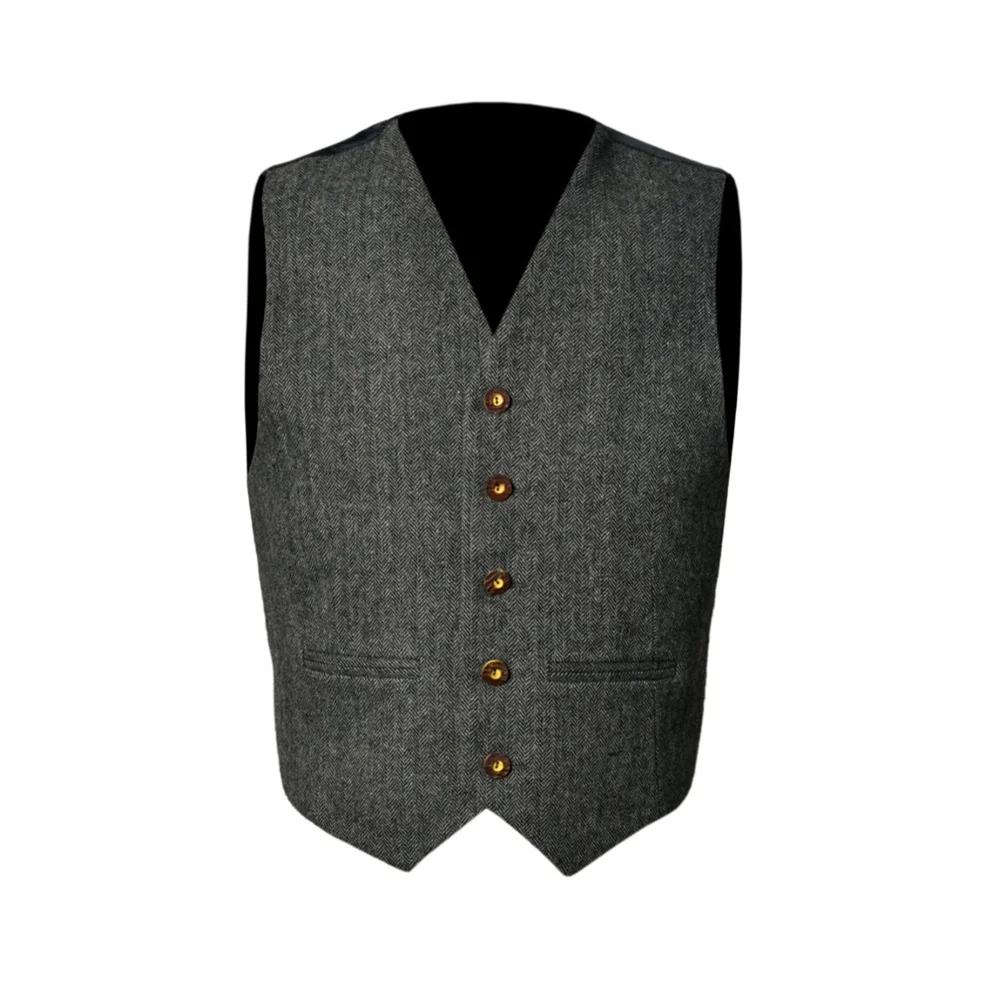 

Sleeveless Vest for Men's Suit V-Neck Elegant Man Vest Vintage Herringbone Fabric Single-Breasted Casual Business Style Classic
