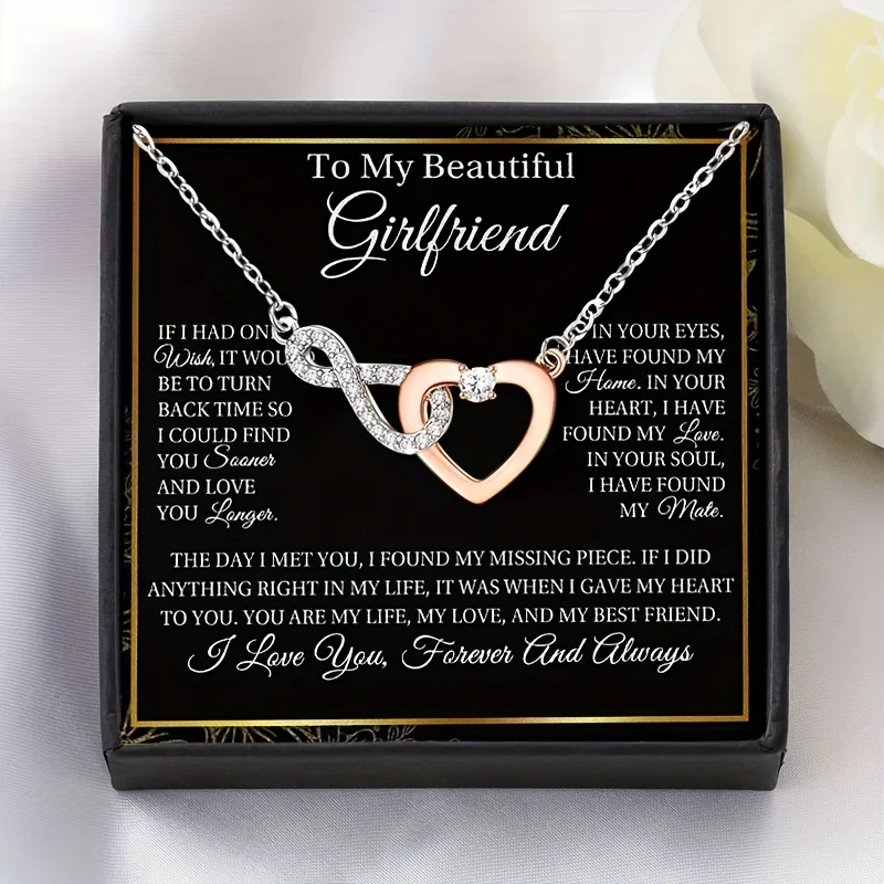 I gave my girlfriend a love necklace twocolor copper inlaid zircon necklace with a blessing card and gift box as a birthday gift