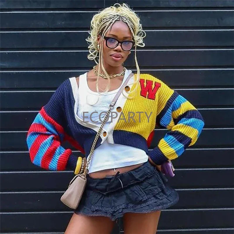 

Y2K Cardigan Sweater Casual Wild V-Neck Button Colorful Patchwork Street Trend Hipster Knit Coat