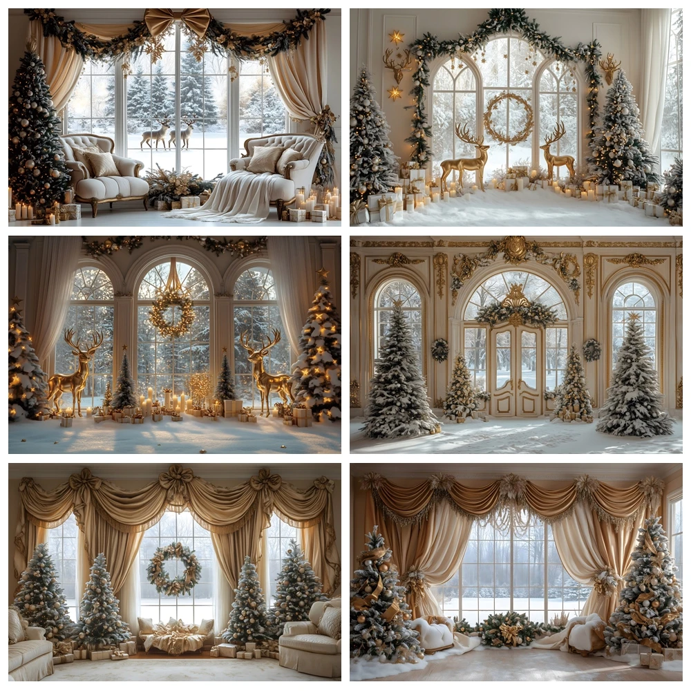 

Christmas Photography Backdrop Winter Window Snow Gold Glitter Elk Deer Xmas Tree Wreath Family Portrait Photo Background Decor