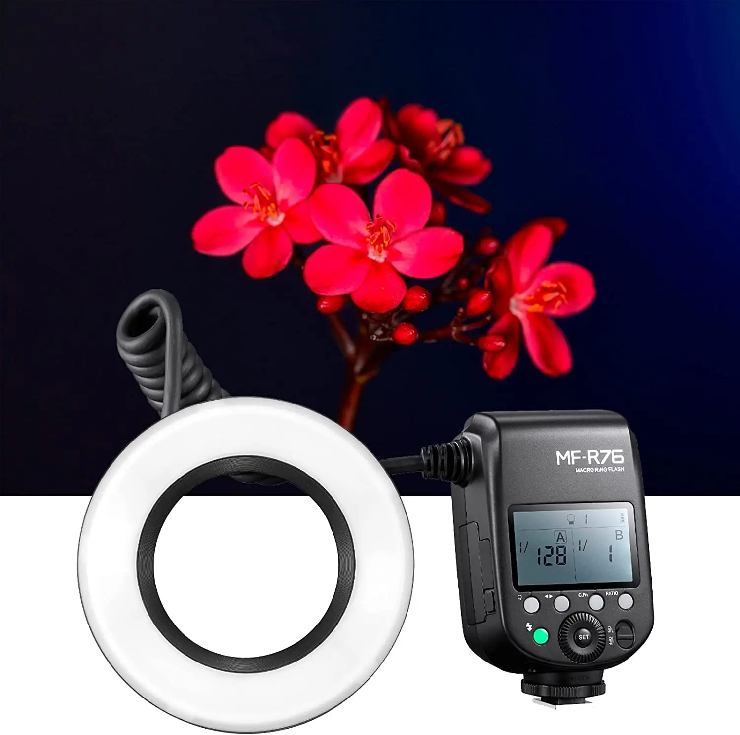 Godox R76 LED Micro Ring Flash 5000K with Li-ion Battery Adapter Rings for Canon Sony Nikon Fuji Olympus Panasonic Pentax Camera