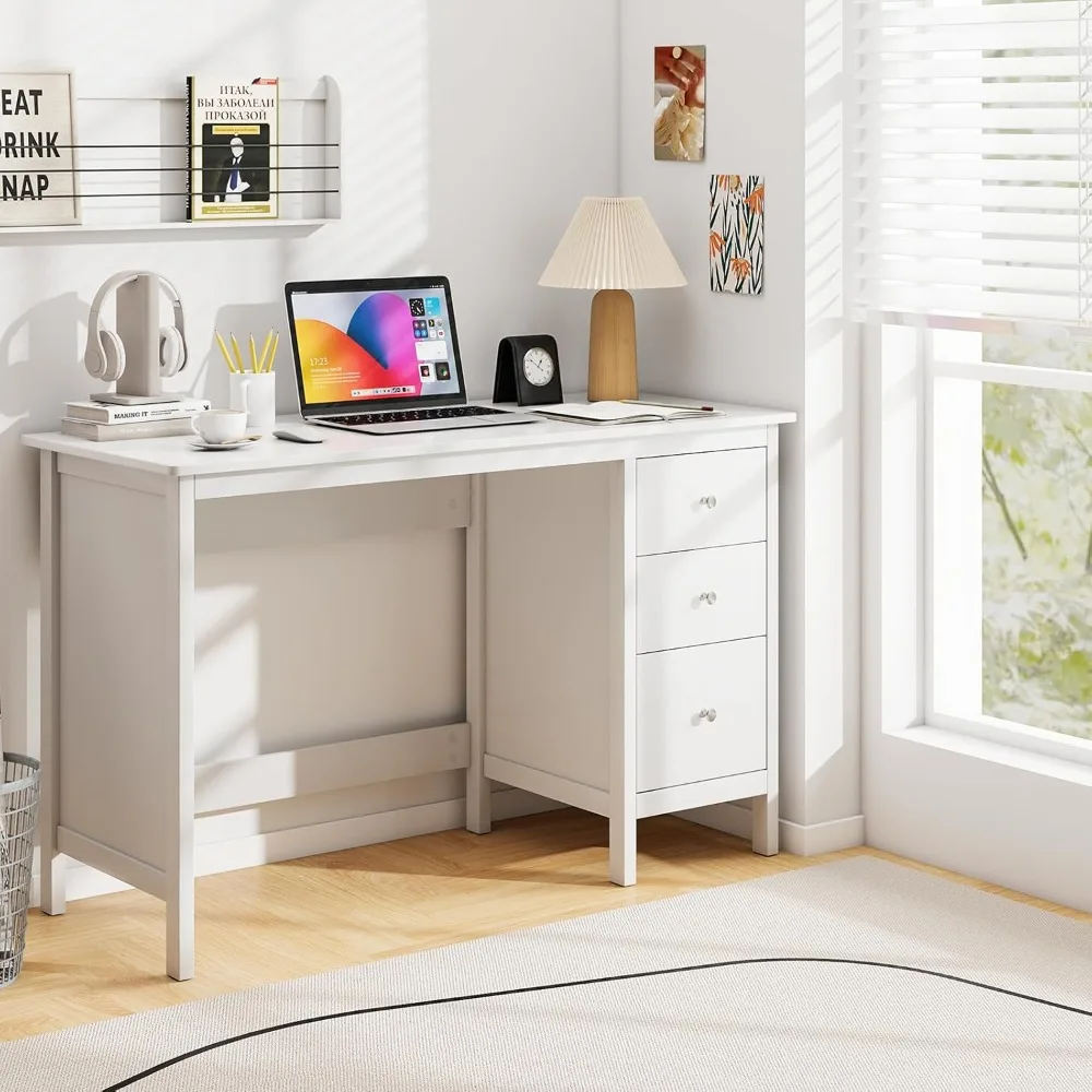 

White office desk with drawers, modern home office computer desk with storage drawers and spacious desktop
