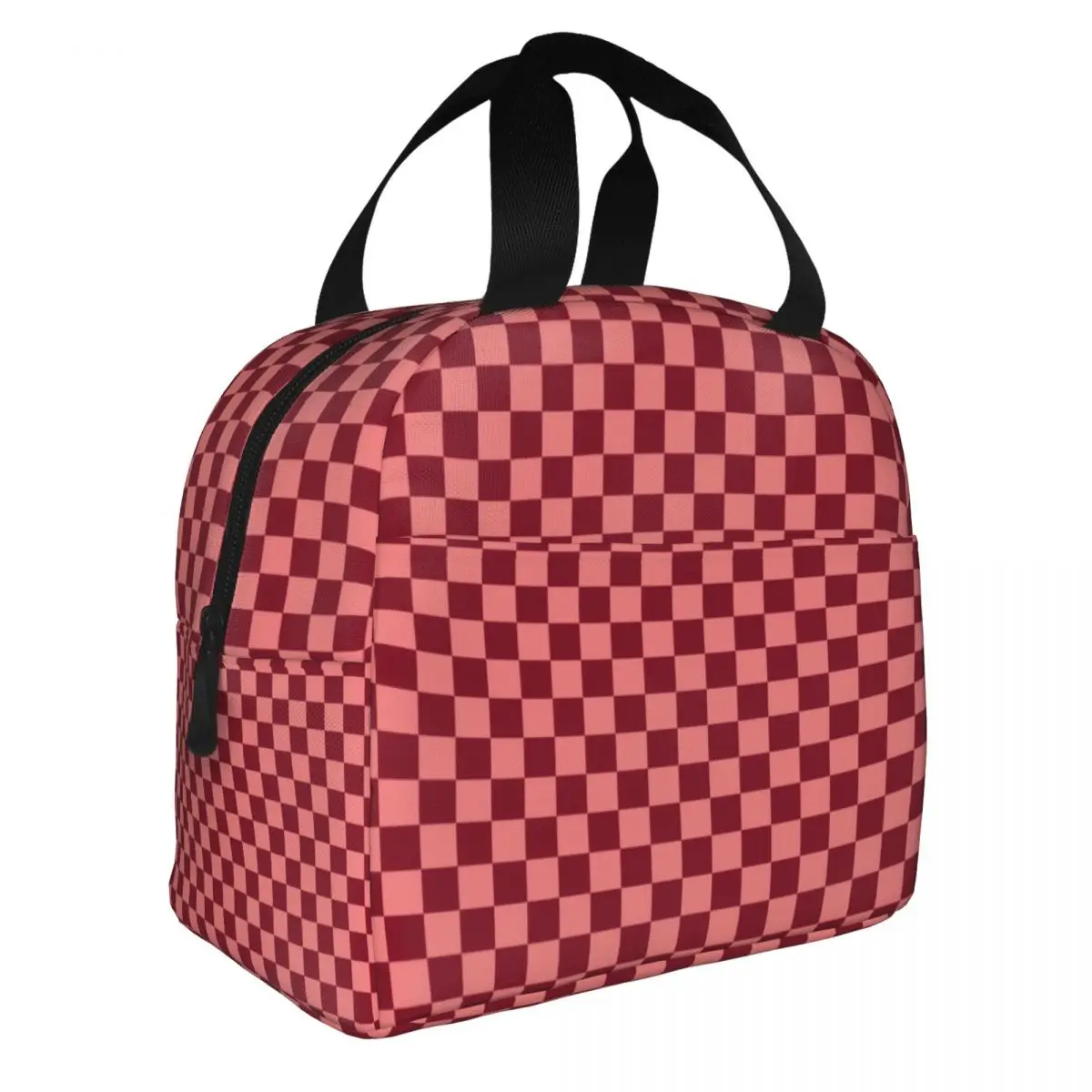 Coral Pink And Burgundy Red Checkerboard Plaid Lunch Bag Women Cooler Warm Insulated Lunch Box for Office