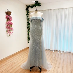 Elegant Mermaid Pearls Evening Dress for Women 2024 Long Sleeves with Detachable Train Formal Prom Wedding Party Gown Customizd