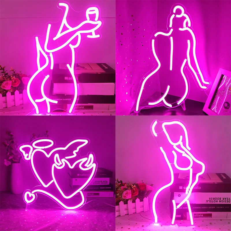 

Pink Woman Wine Glass Neon Sign LED Sexy Lady Neon Signs For Bar Party Restaurant Shop Neon Light Acrylic USB Lamps