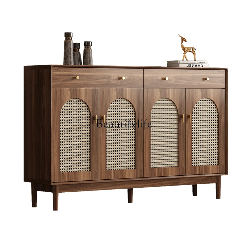 

Rattan shoe cabinet Solid wood frame Household door porch cabinet Simple retro storage locker Outside the door Shoe cabinet
