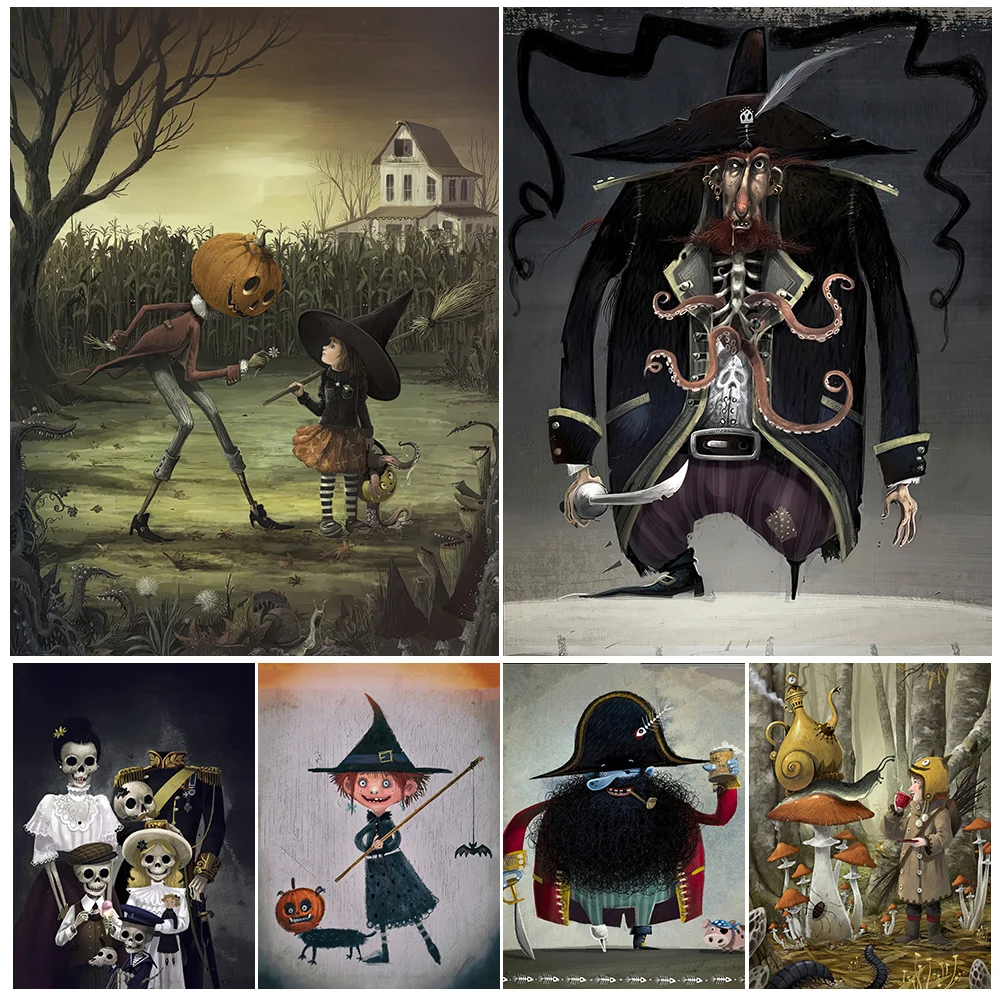 Spider Teacher And Little Witch In Magic Class Wall Art Canvas Painting Cute Witch And Pumpkin Gentleman Art Poster Print Decor