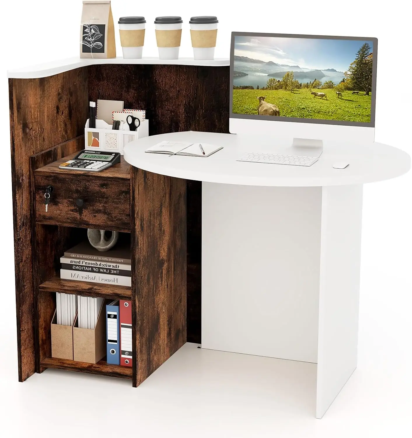Reception Desk Retail Checkout Counter Lockable Drawer Open Shelves Computer Workstation Small Front Desk Reception Counter Comp